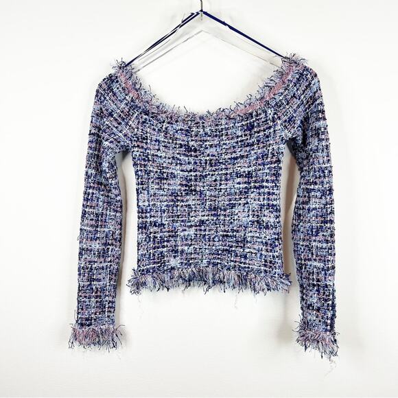 NWT ZARA Frayed Tweed Off the Shoulder Frayed Top S Blue - Picture 3 of 9